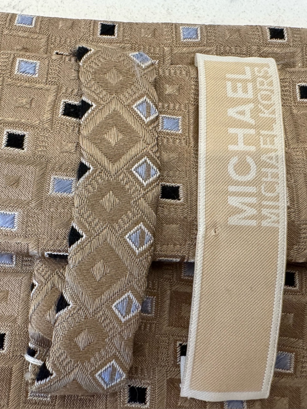 Michael Kors Tan Geometric Silk Tie with Light Blue and Black Accents